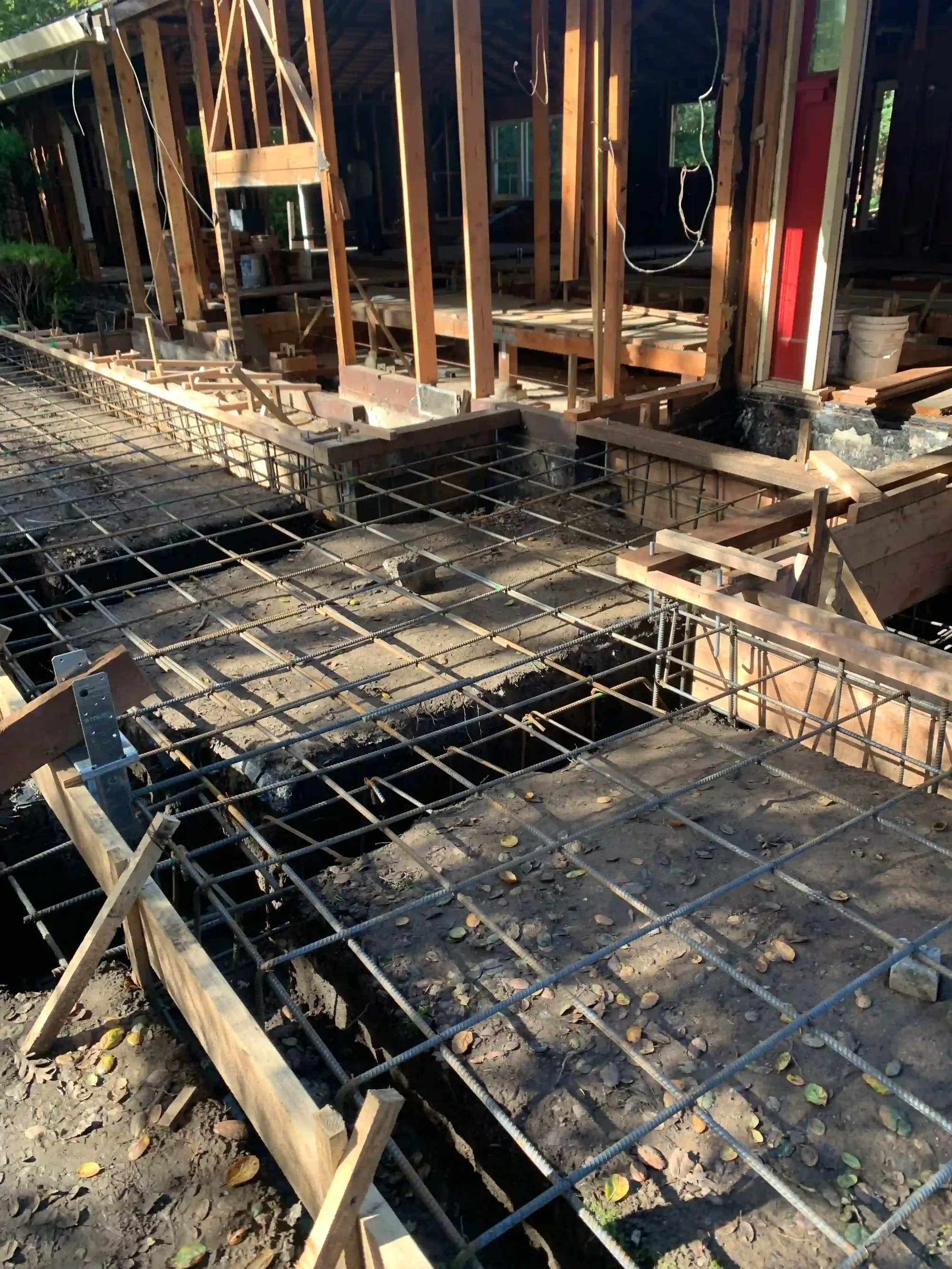 Rebar grid tied and formed, ready for a concrete foundation pour